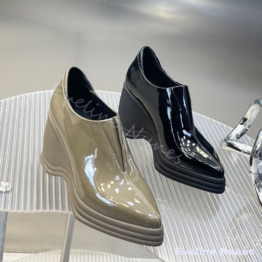 Street Fashion Y2K - パテントレザーVカットポインテッドトゥウェッジパンプス レディース マルチレイヤーウェーブプラットフォーム スリッポン ハイヒール Y2K