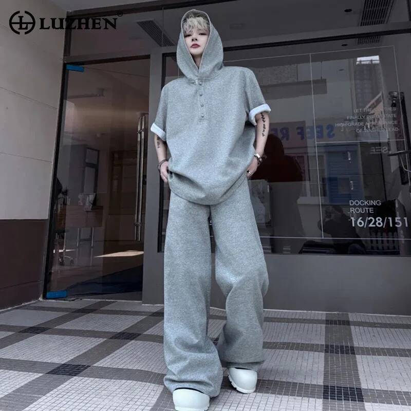 Street Fashion For Man - LUZHEN オリジナルトップススリーブ 2026 ショートサマーパーカー新しいメンズルーズストレートカジュアルパンツファッションストリートツーピースセット JY7334