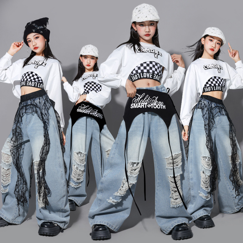 Street Fashion Kpop - ヒップホップガールズファッション K-POP クロップトップ レタープリント カーゴパンツ 子供用ストリートダンス