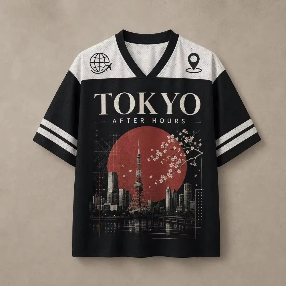Street Fashion Tokyo - 原宿東京レッドムーンパット 3D プリントブレスクイックドライ男性 V ネック Tシャツアウトドアストリートファッションカジュアル