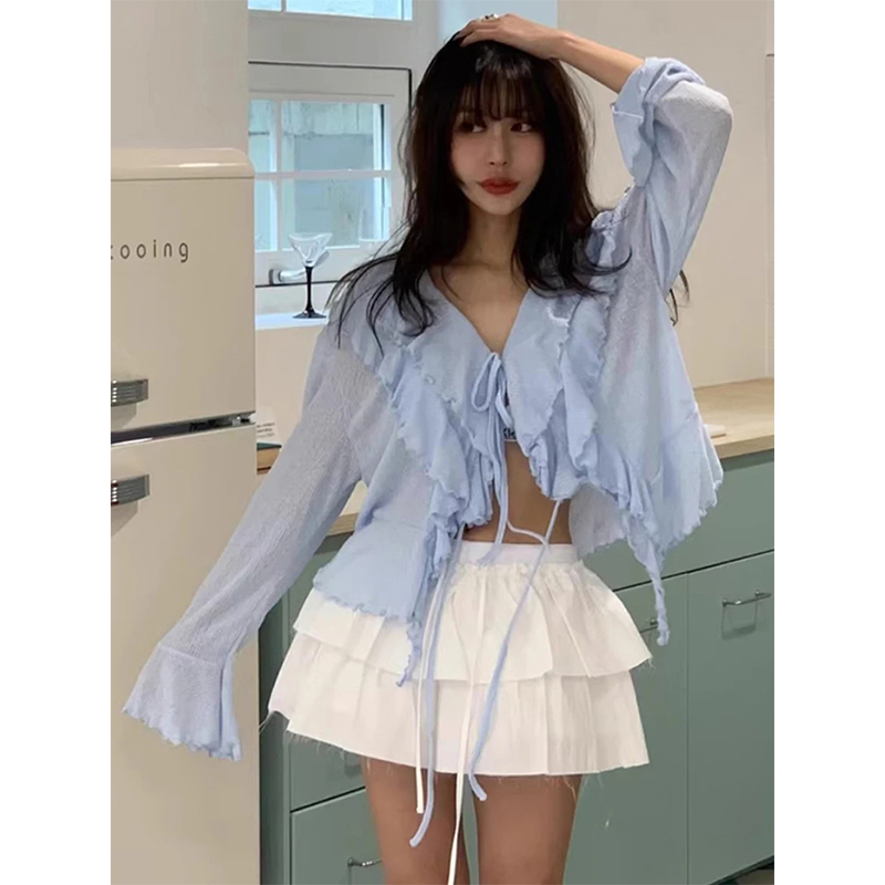 Street Fashion Korea - MEXZT クロップ白シャツ女性のファッションフリル包帯ピンクブラウス夏の韓国 V ネックフレア長袖カーディガントップス新