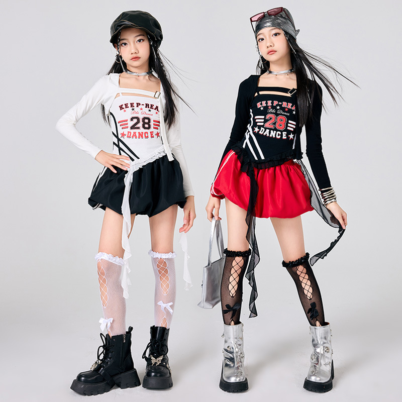 Street Fashion Kpop - 新しい女の子 K-POP ジャズステージ衣装黒、白トップヒップホップダンス衣装ファッションショーステージ服ストリートセット赤いスカートパンツ