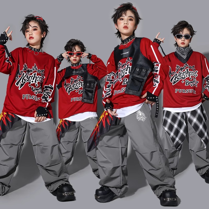 Street Fashion Kpop - ボーイズ K-POP スウェットシャツ ファッションベスト ルーズパンツ ヒップホップコスチューム