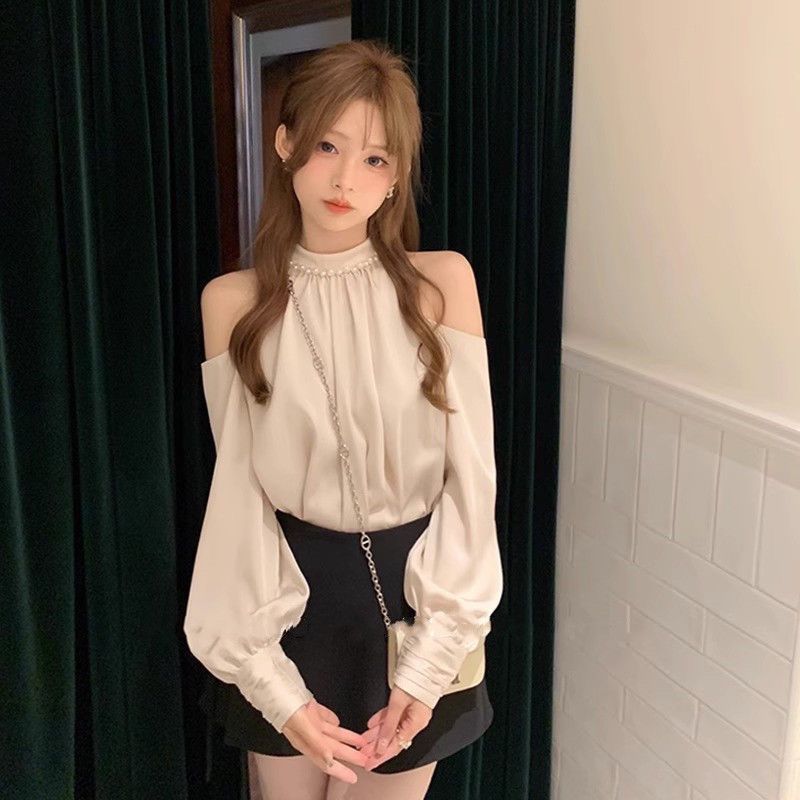 Street Fashion Korea - 春甘いブラウス女性のための O ネック長袖オフショルダートップス気質ファッション女性シャツ韓国レディース服