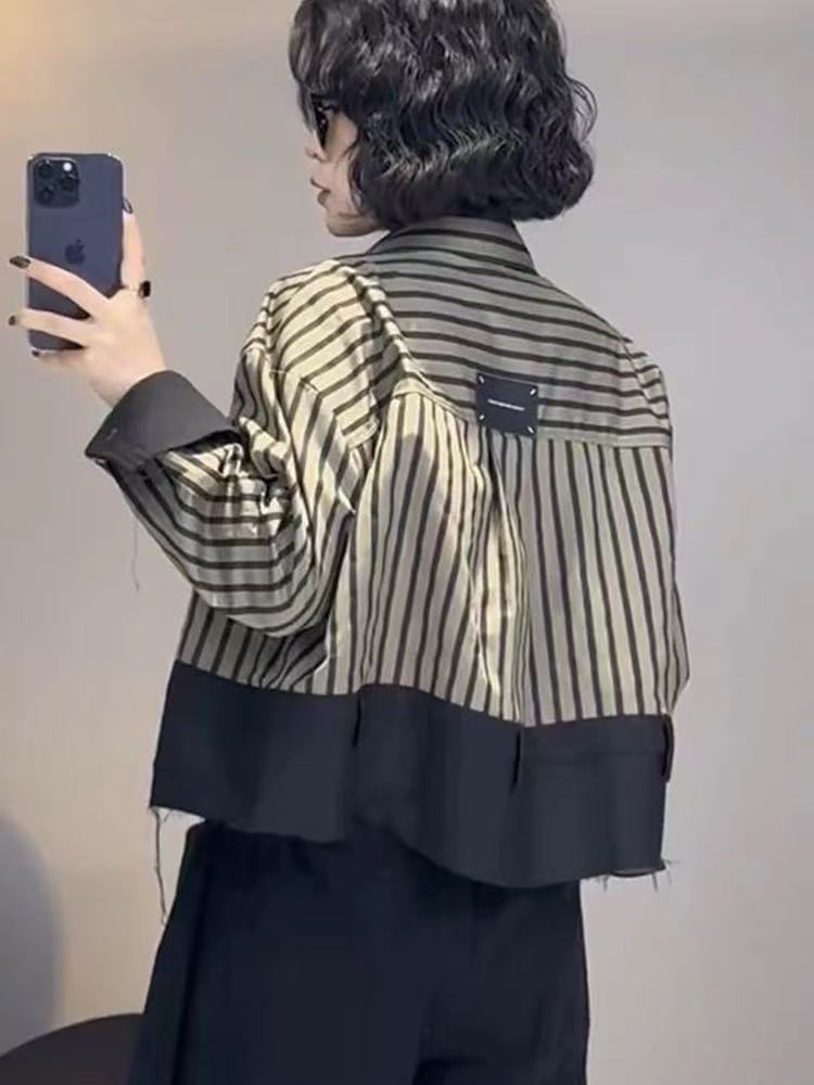 Street Fashion Korea - レトロなデザインのショートジャケットシャツ黒ストライプポロ襟フルスリーブボタンアップシャツストリート韓国ファッション女性秋
