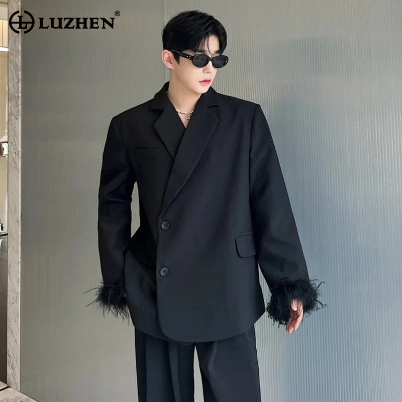 Street Fashion Reviews - LUZHEN メンズファッションコート フェザーブレザー スプライシングスリーブデザイン エレガント ハイストリート