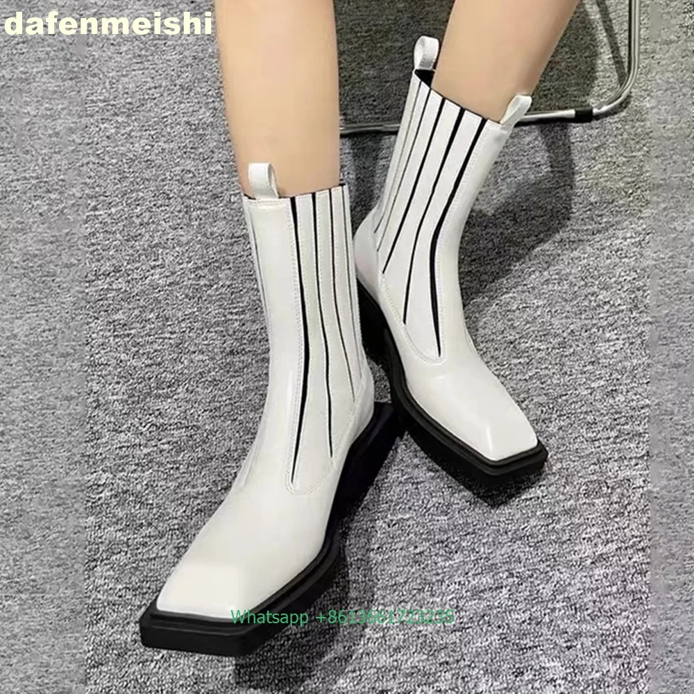 Street Fashion Rome 2025 - 黒のパテントレザー スクエアトゥ レディース アンクルブーツ プラットフォーム プルオン