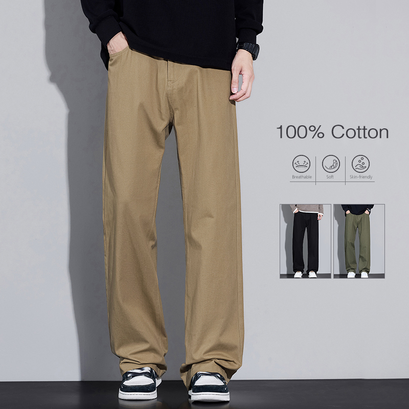 Street Fashion Korea - 綿 100% メンズゆったりワイドレッグパンツソフト通気性ルーズストレートカジュアルパンツ春秋ファッション韓国ストリートウェア