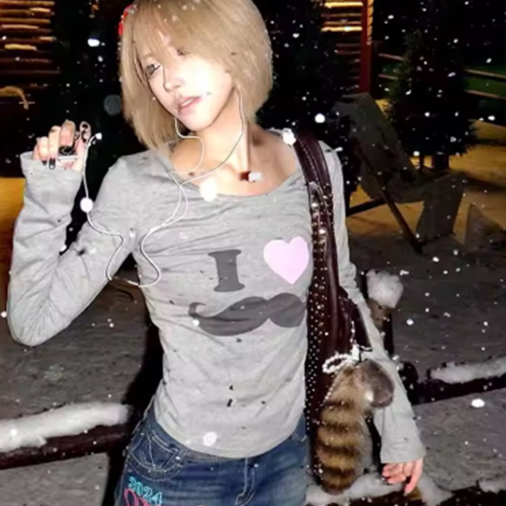 Street Fashion Vintage - 日本 Y2K ビアードプリント Tシャツ ヴィンテージ原宿長袖グレー Tシャツ