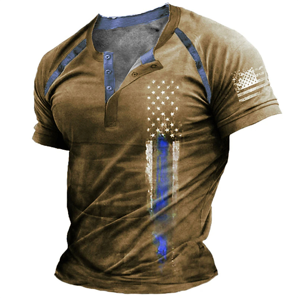 Street Fashion For Man - 面白い 3D アメリカ国旗プリントメンズヘンリーシャツファッションヘンリーカラー半袖トップス夏ストリートヴィンテージ服カジュアル Tシャツ