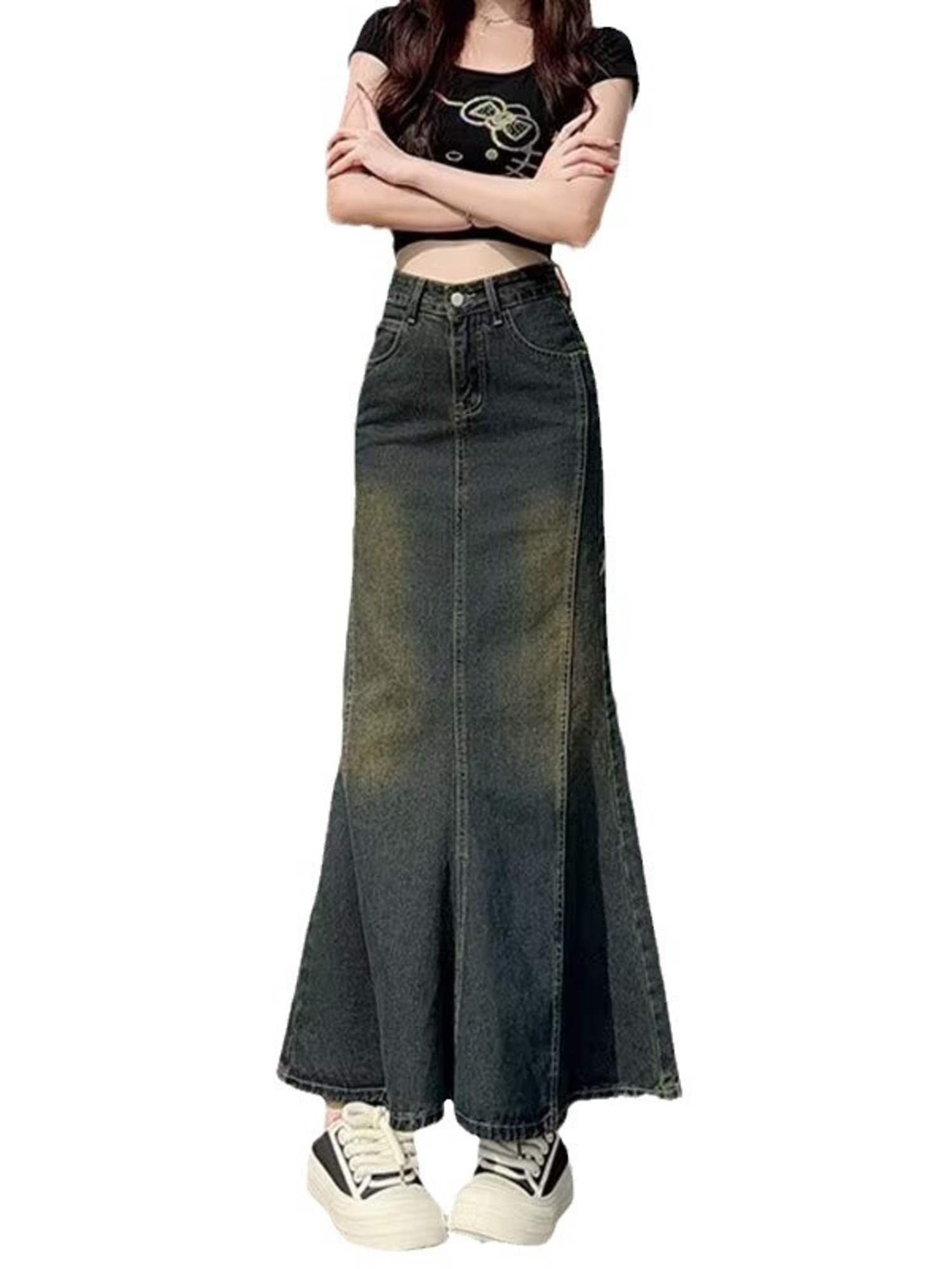 Street Fashion Vintage - レディース ヴィンテージ ウォッシュドデニム マーメイド マキシスカート ハイウエスト