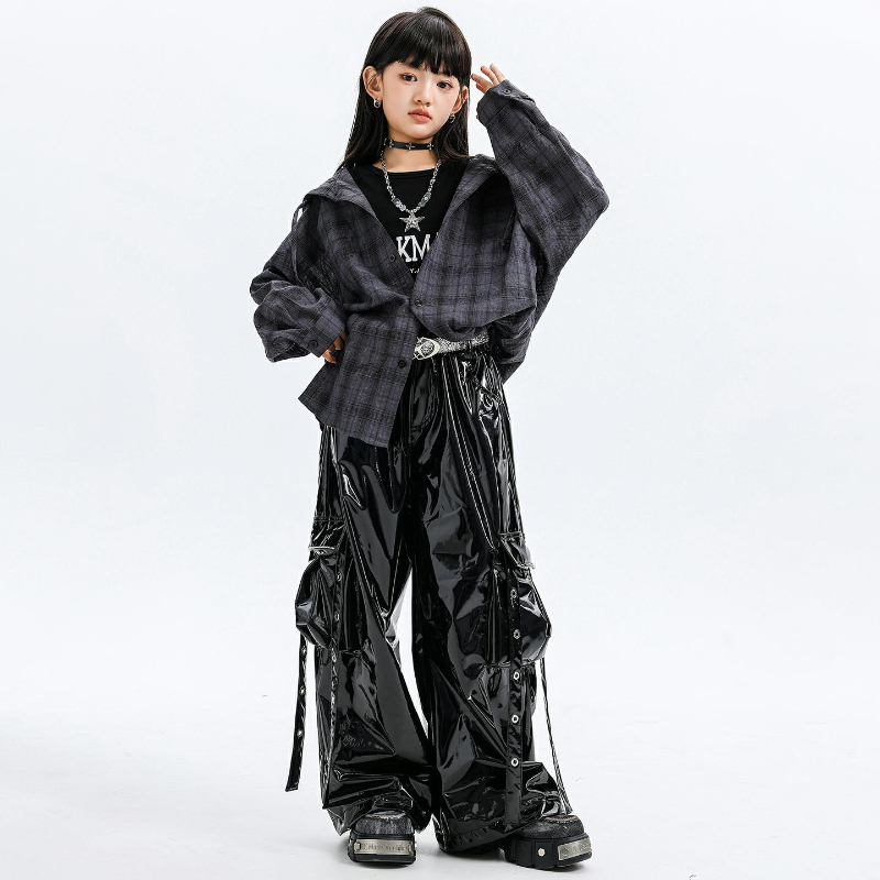 Street Fashion Kpop - 女の子ジャズダンス衣装フード付きチェック柄シャツレザーパンツクールKpop衣装グループファッションヒップホップストリートダンスパフォーマンスウェア