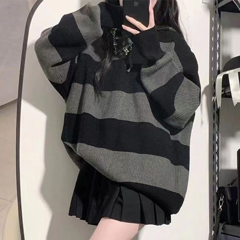 Street Fashion Korea - 女性用の特大ストライプニットセーター,ルーズフィット,カジュアル,ストリートウェア,原宿,韓国のファッション,冬
