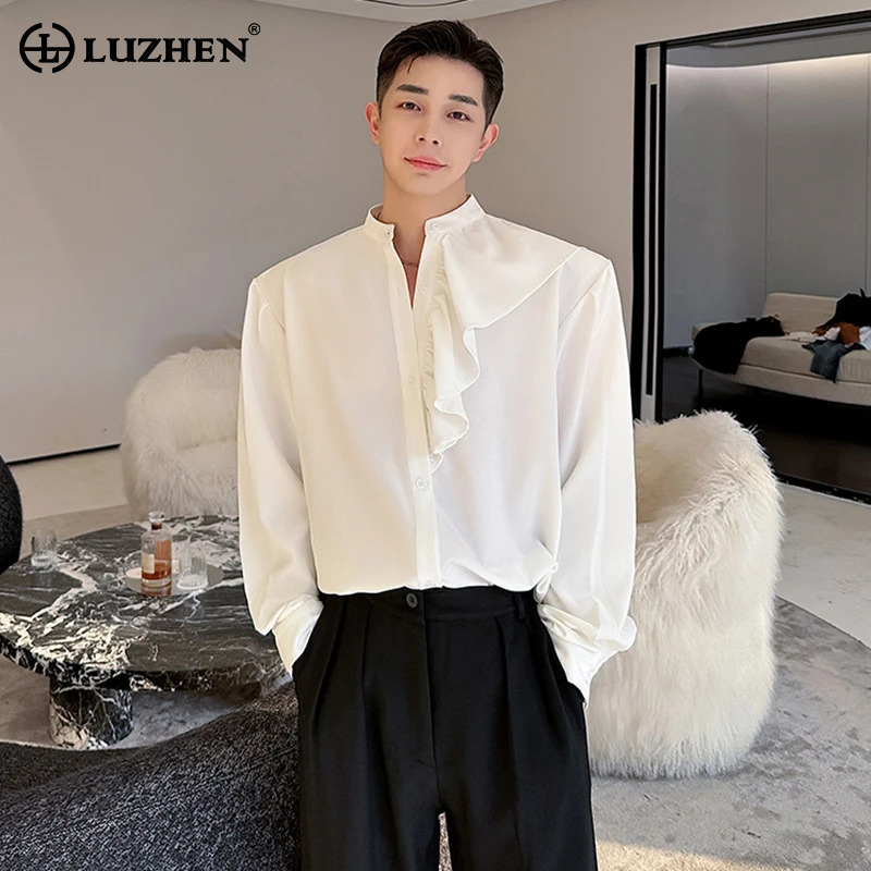 Street Fashion Reviews - LUZHENデザイン ロング丈 ニューファッションシャツ 高級感のあるスプライシング メンズストリートオリジナルカジュアルトップス 韓国レビュー多数
