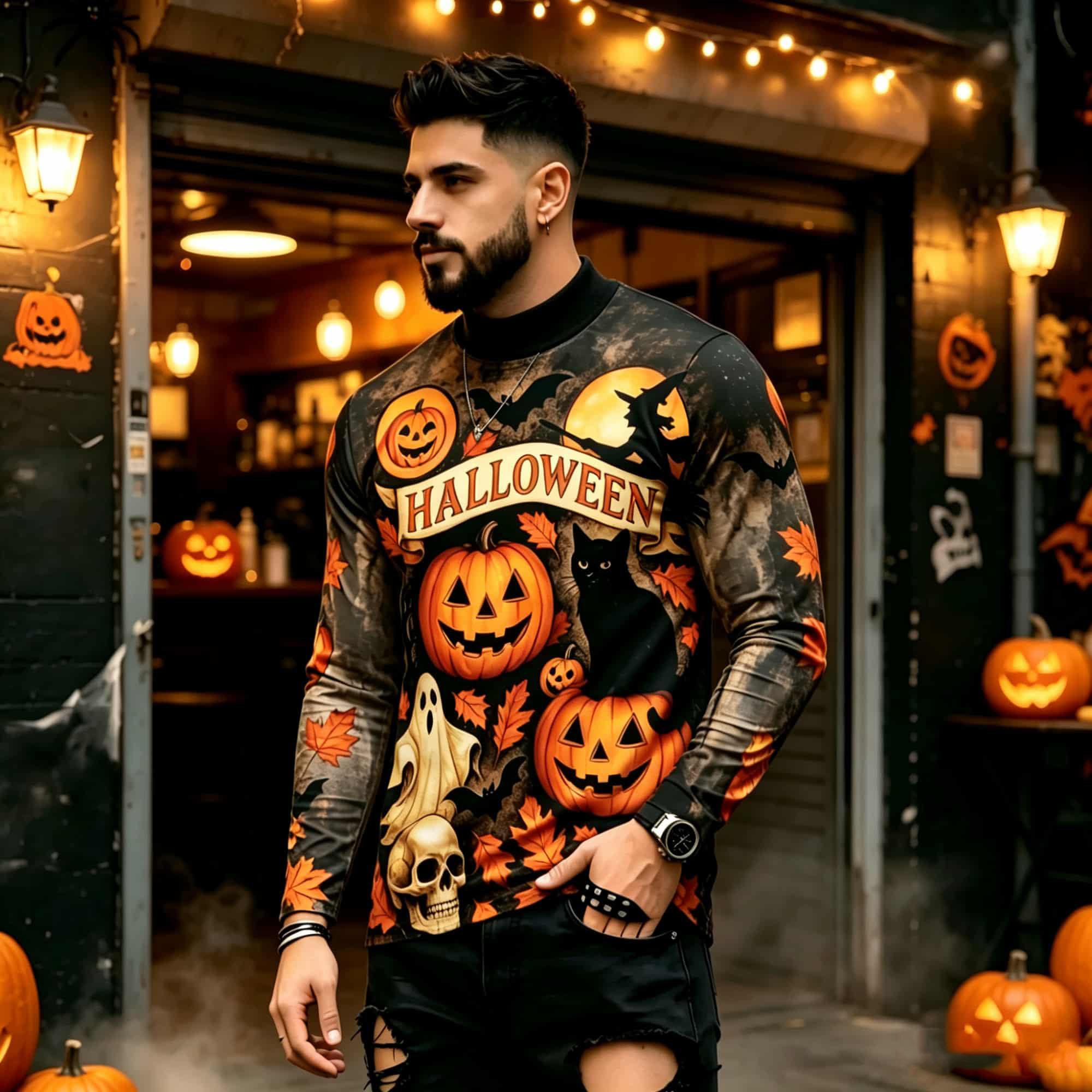 Street Fashion For Man - カジュアルファッションストリートスタイル ハロウィンプリント 長袖Tシャツ パンプキンゴースト黒猫柄 トレンディで多用途なメンズトップス