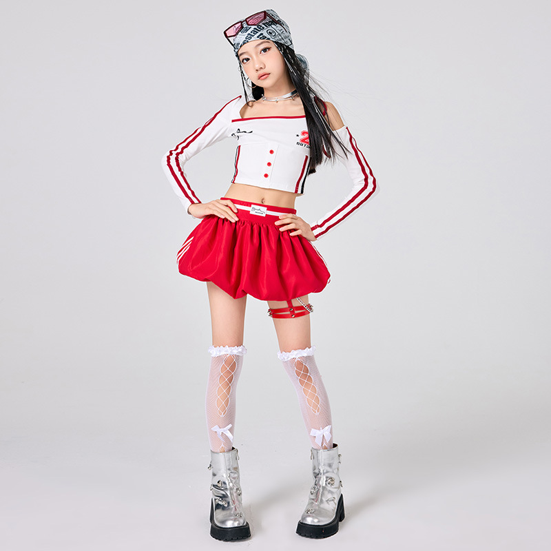 Street Fashion Kpop - 女の子ヒップホップ服白トップ赤スカートジャズダンスパフォーマンス衣装ファッション Kpop 衣装ストリートウェアキャットウォークパフォーマンススーツ