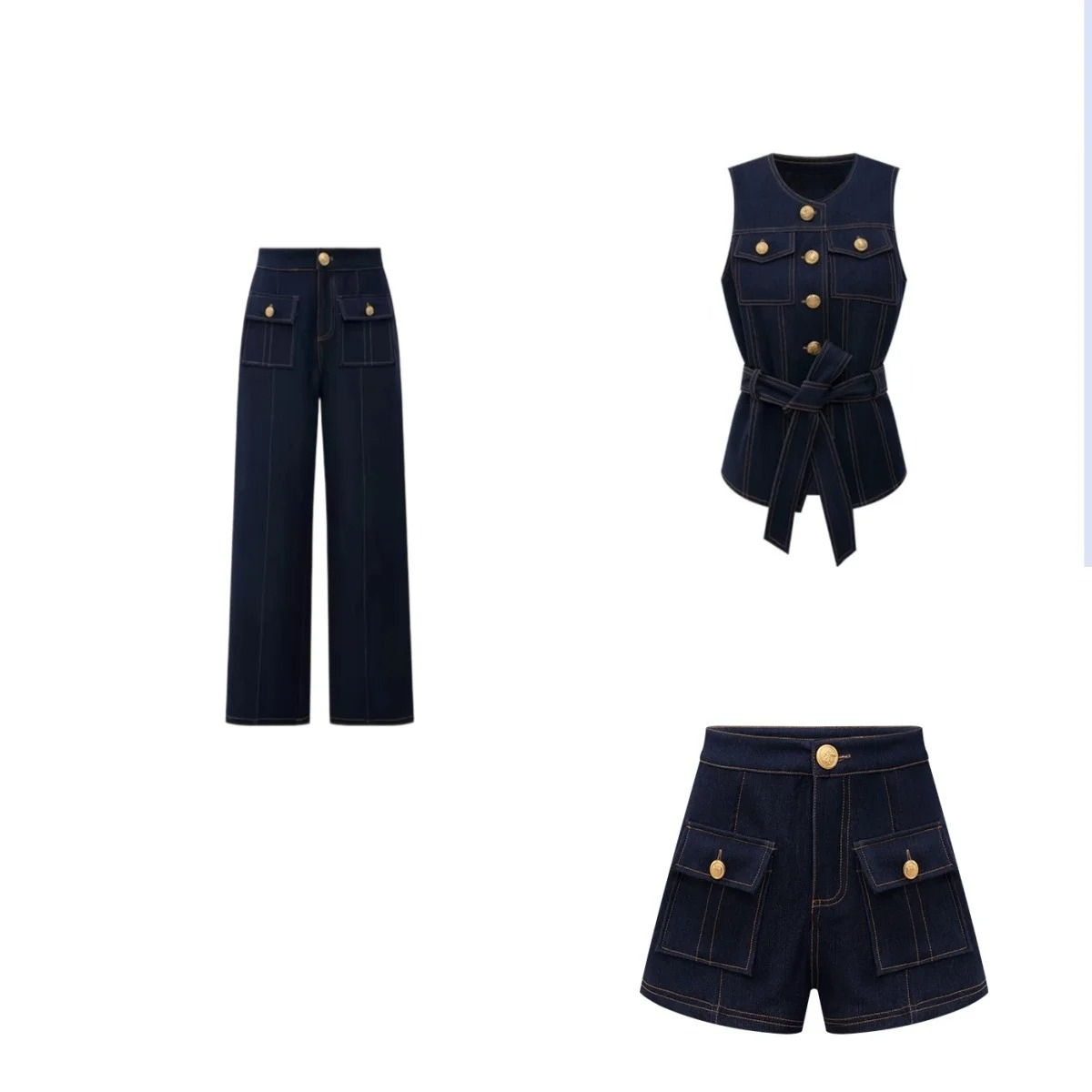 Street Fashion Trends 2026 - Y2K 2026 新作ボタンレトロジーンズベストショーツトラウザーズトップステッチゴールドバックルベルトベストストレートパンツファッショントレンドスーツ