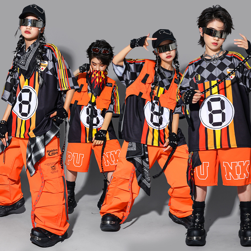 Street Fashion Kpop - 男の子用ヒップホップファッションK-POPストライプトップスオレンジカーゴパンツ、女の子用ストリートダンスショートパンツ、グループストリートウェアジャズ服セット