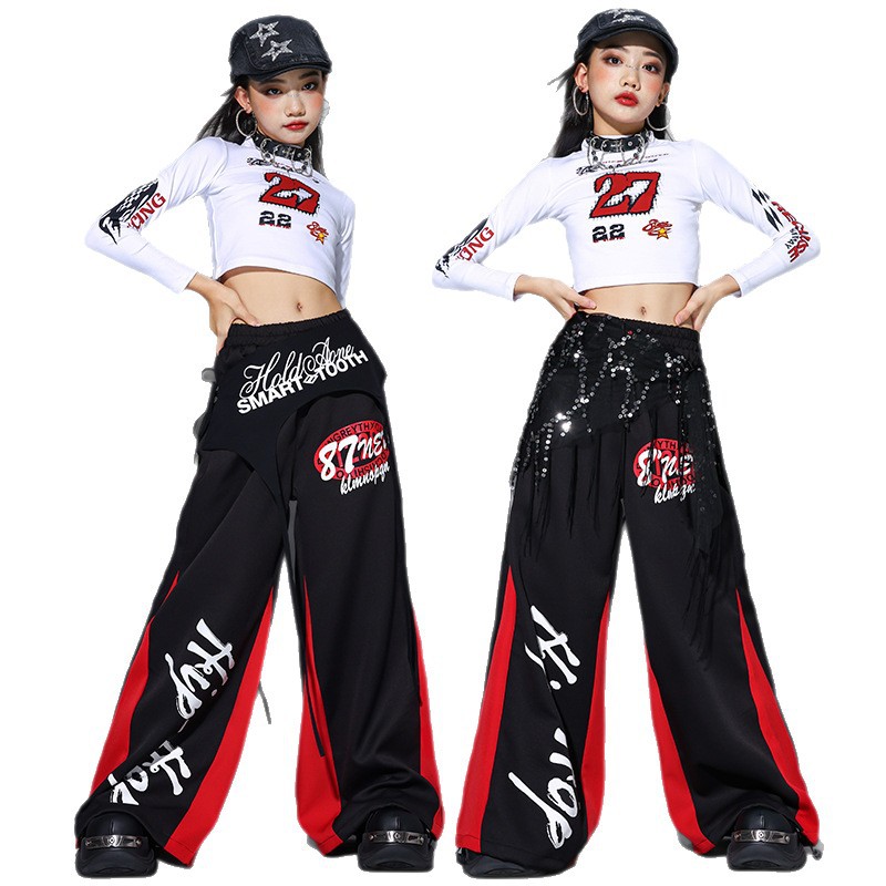 Street Fashion Kpop - 2025 ジャズダンス服女の子 Kpop ステージショー衣装クロップトップ赤ヒップホップパンツ子供ファッションストリートダンス服