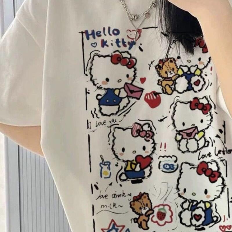 Street Fashion Y2K - 半袖サマーハローキティグラフィティプリントTシャツ レディース コットン Y2K キュートな漫画柄 人気ストリートファッション