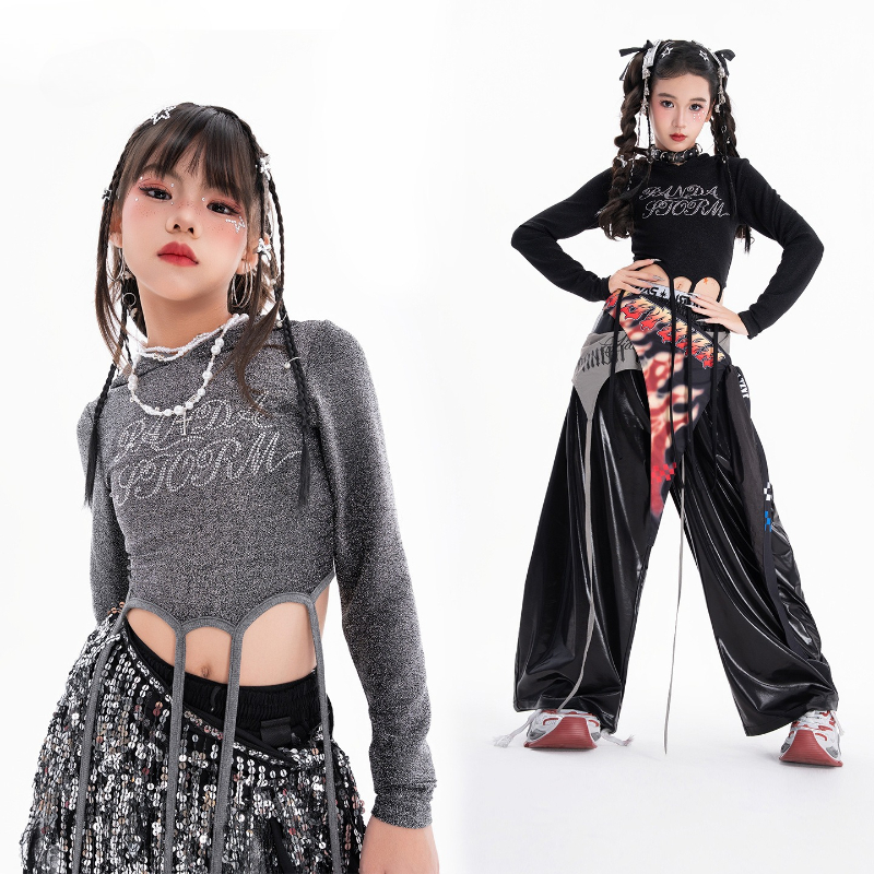 女の子ヒップホップダンス服セットクール長袖トップスだぶだぶの - Street Fashion Kpop のレビューと価格
