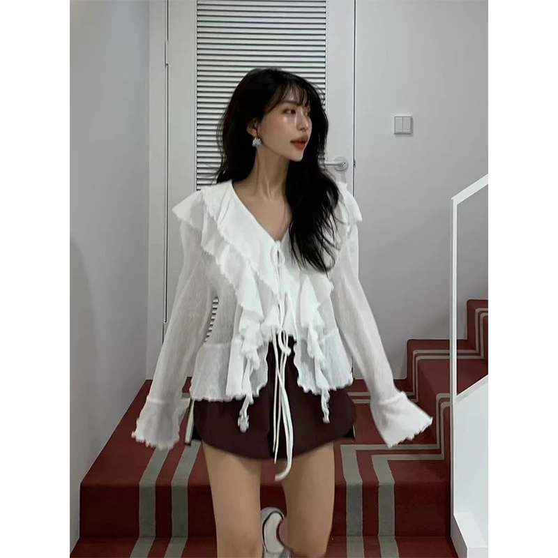 MEXZT クロップ白シャツ女性のファッションフリル包帯ピン - Street Fashion Korea のレビューと価格