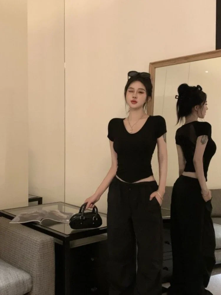 バックレングストップス女性黒クロップメッシュ韓国ストリートウ - Street Fashion Reviews のレビューと価格