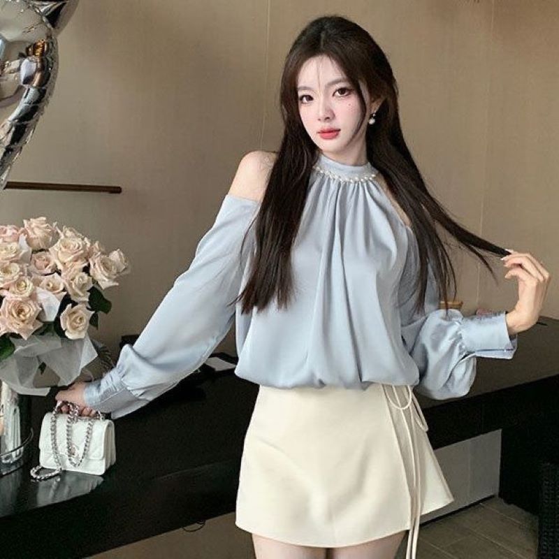 春甘いブラウス女性のための O ネック長袖オフショルダートッ - Street Fashion Korea のレビューと価格