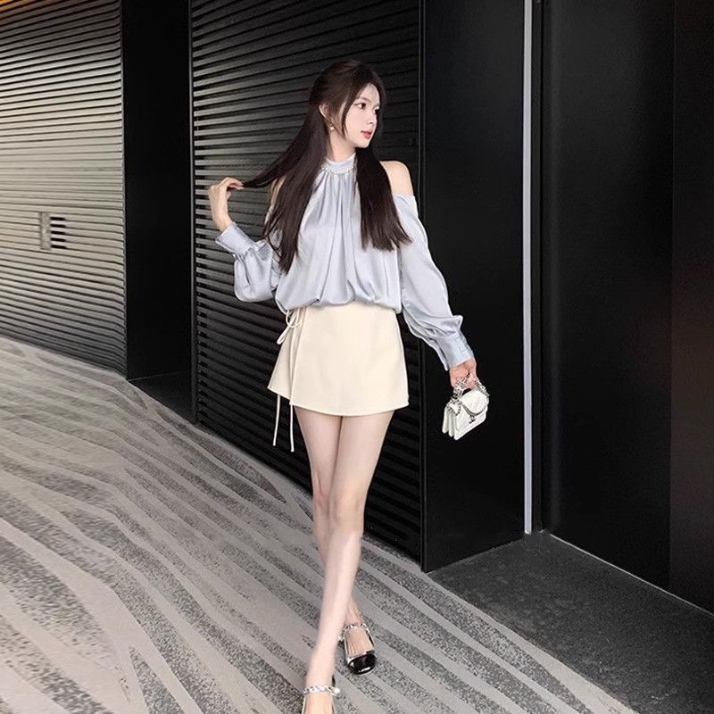 春甘いブラウス女性のための O ネック長袖オフショルダートッ - Street Fashion Korea のレビューと価格