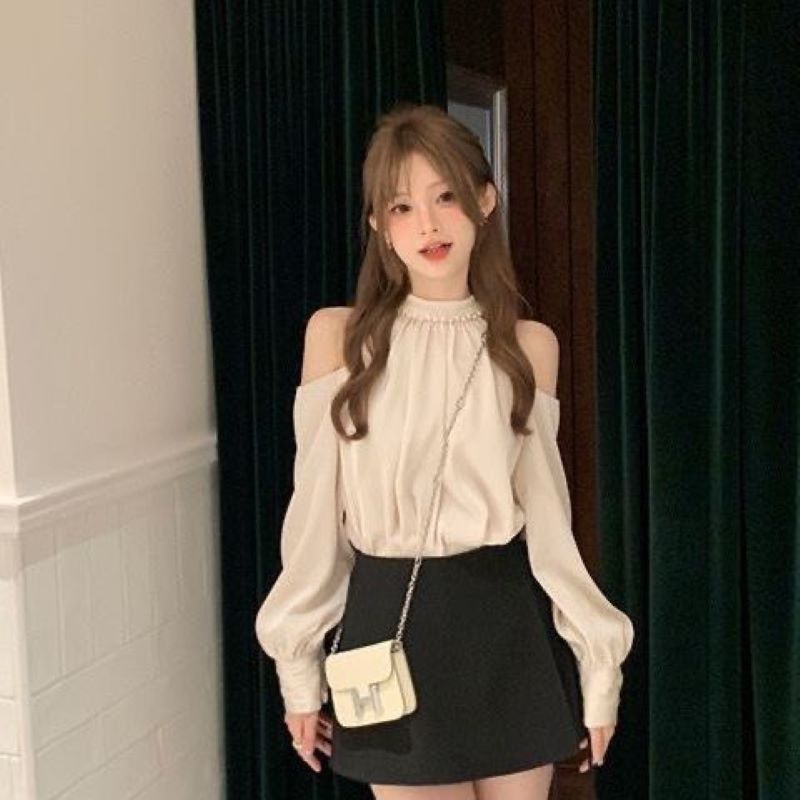 春甘いブラウス女性のための O ネック長袖オフショルダートッ - Street Fashion Korea のレビューと価格
