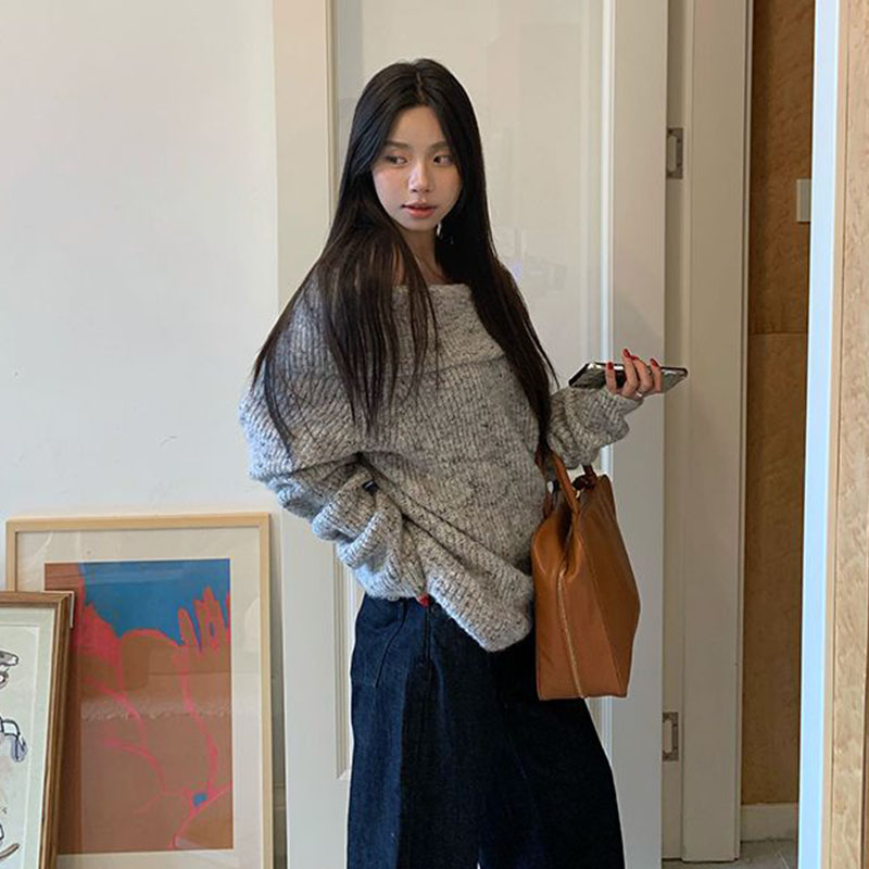 エレガントなオフショルダースラッシュネックセーター女性韓国フ - Street Fashion Korea のレビューと価格