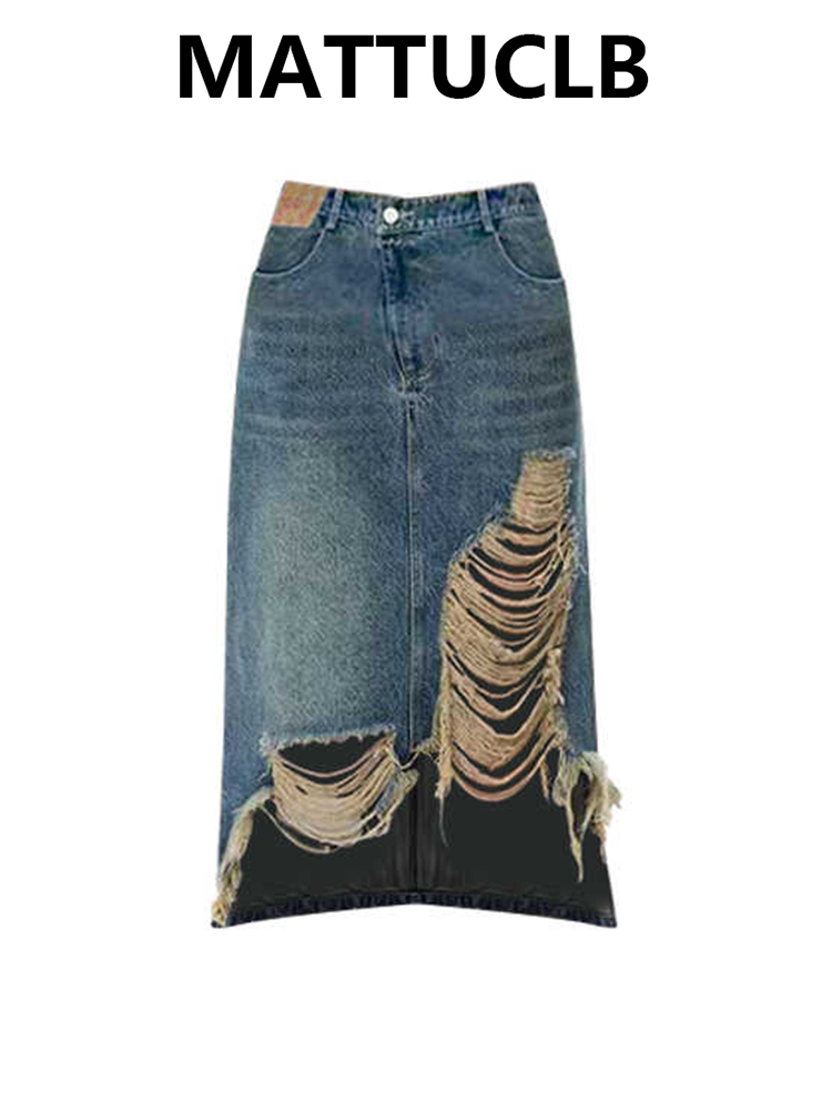 2000年代風ミディ丈スカート ダメージデニムスカート KP - Street Fashion Kpop のレビューと価格