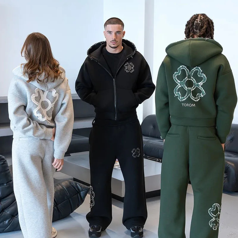 春秋オーバーサイズ四つ葉のクローバーアップリケジップアップフ - Street Fashion For Man のレビューと価格