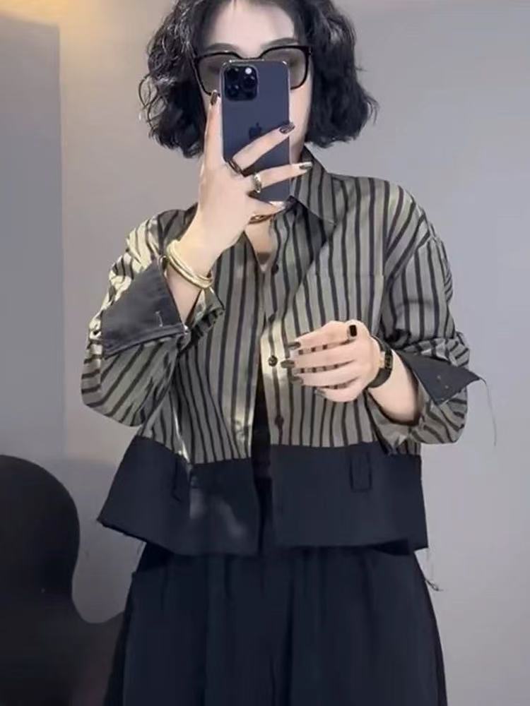 レトロなデザインのショートジャケットシャツ黒ストライプポロ襟 - Street Fashion Korea のレビューと価格