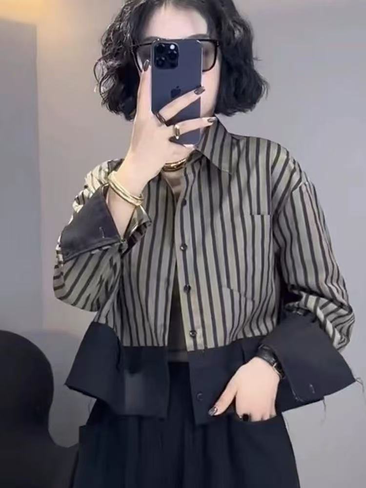 レトロなデザインのショートジャケットシャツ黒ストライプポロ襟 - Street Fashion Korea のレビューと価格