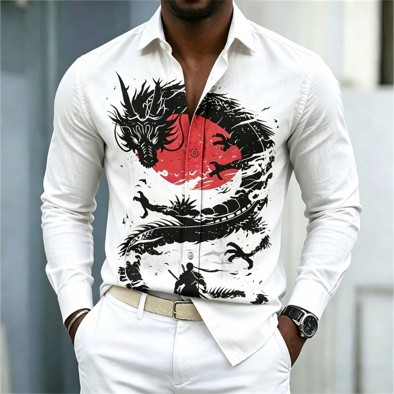 2026年新作 メンズシャツ 白黒赤のコントラスト ドラゴン - Street Fashion For Man のレビューと価格