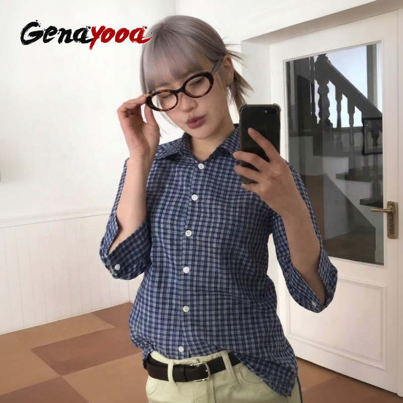 Genayooa Y2k チェック柄シャツ女性スリークォータ - Street Fashion Korea のレビューと価格