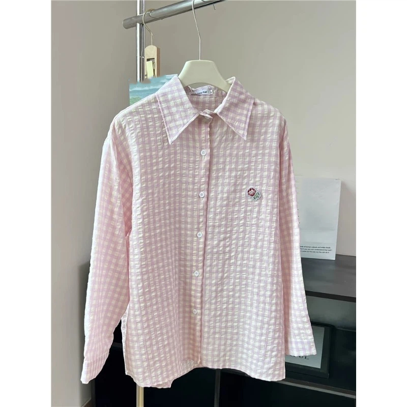 刺繍フラワーチェック柄デザインシャツ&ブラウスY2Kストリー - Street Fashion Korea のレビューと価格