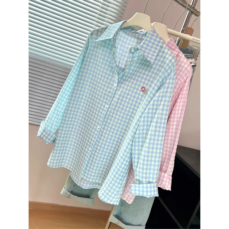 刺繍フラワーチェック柄デザインシャツ&ブラウスY2Kストリー - Street Fashion Korea のレビューと価格
