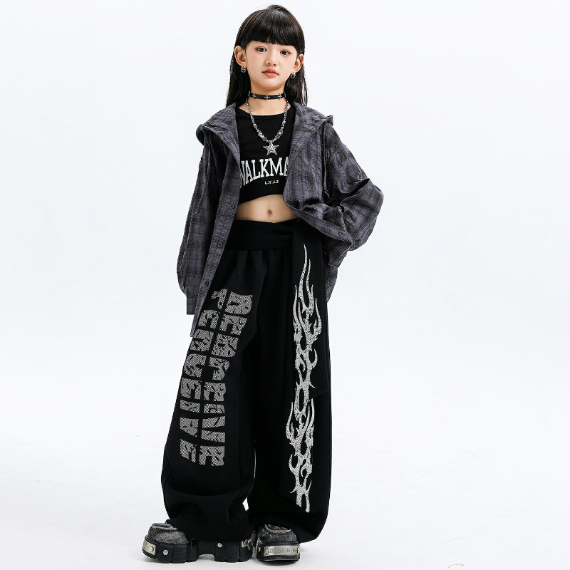 女の子ジャズダンス衣装フード付きチェック柄シャツレザーパンツ - Street Fashion Kpop のレビューと価格