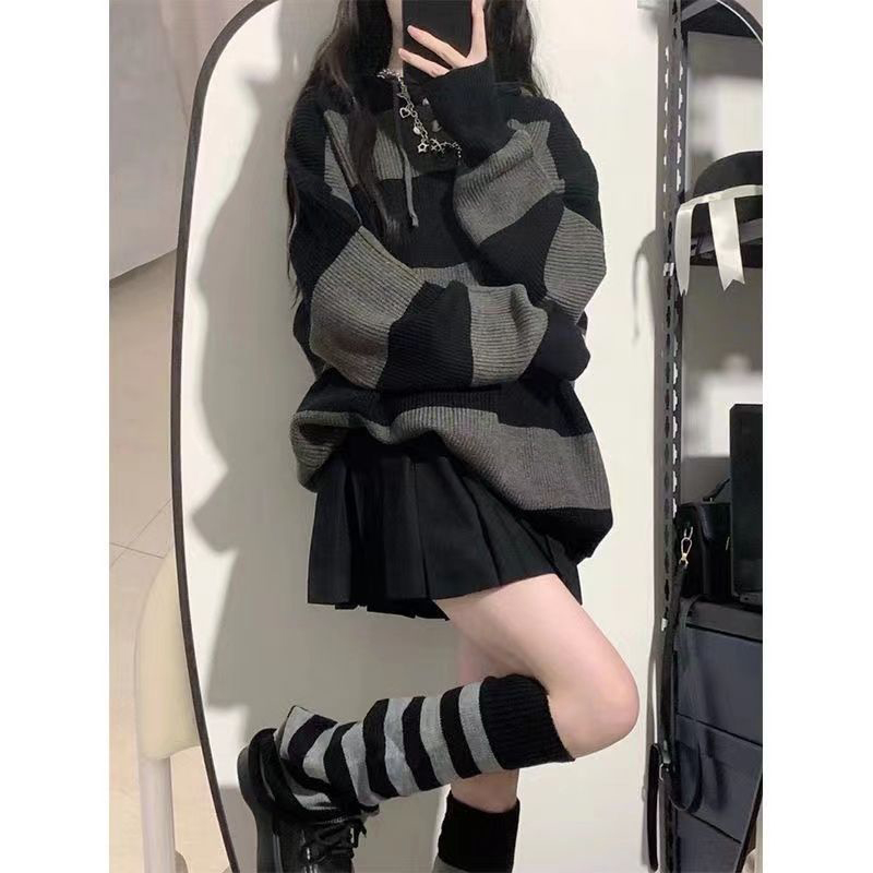 女性用の特大ストライプニットセーター,ルーズフィット,カジュ - Street Fashion Korea のレビューと価格
