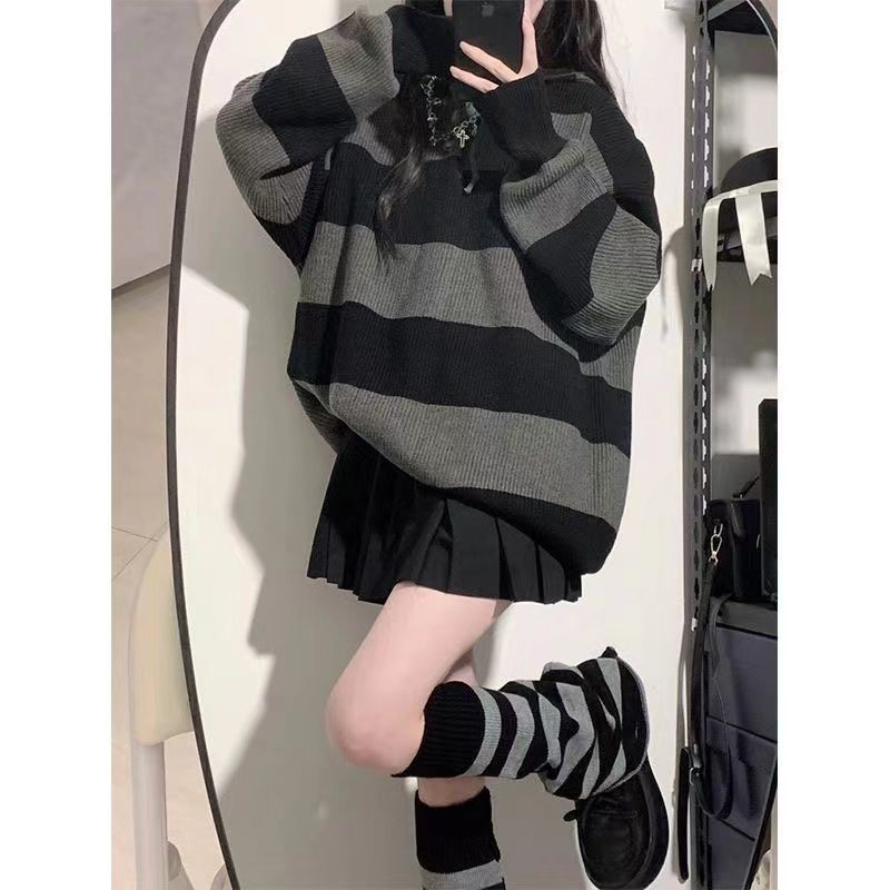 女性用の特大ストライプニットセーター,ルーズフィット,カジュ - Street Fashion Korea のレビューと価格