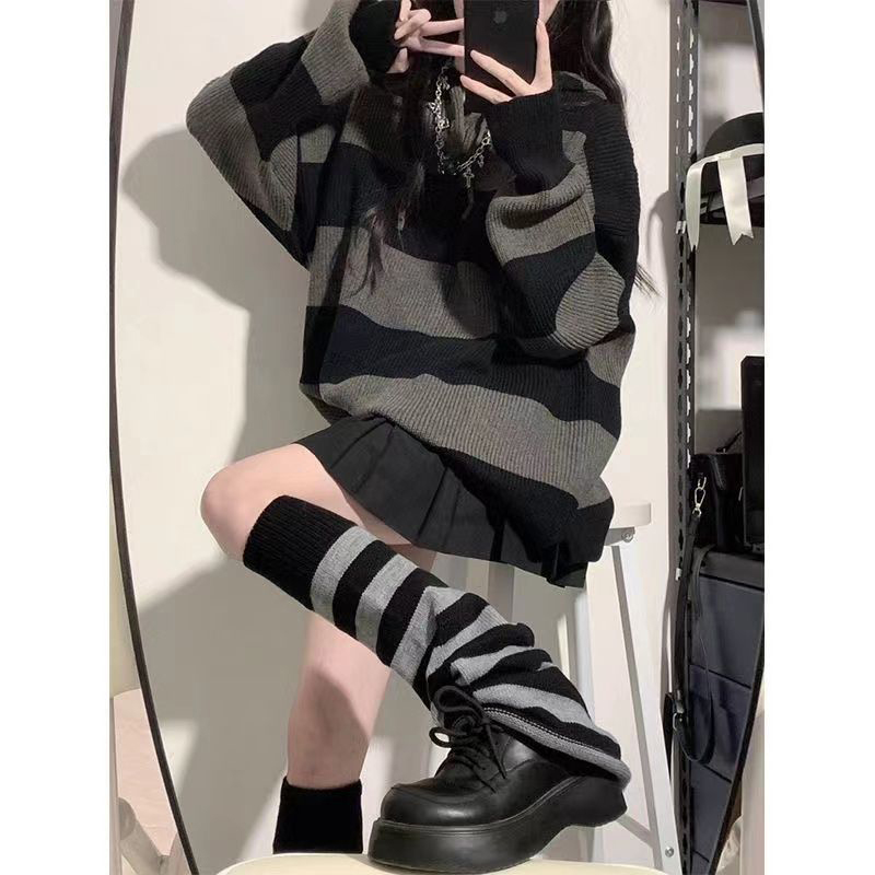 女性用の特大ストライプニットセーター,ルーズフィット,カジュ - Street Fashion Korea のレビューと価格