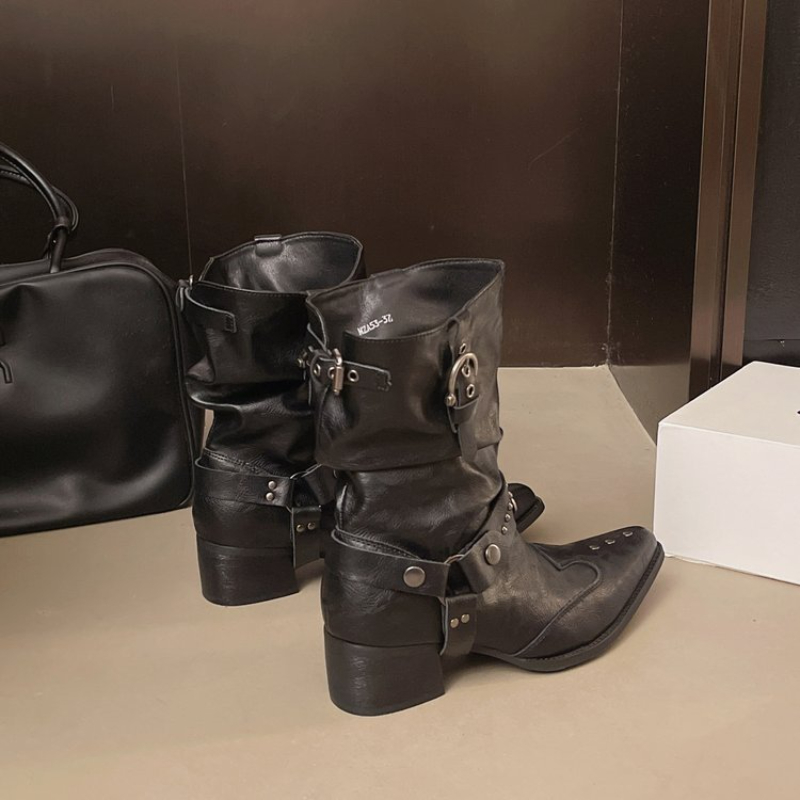 Y2k モーターサイクル ミッドカーフブーツ レトロ PU  - Street Fashion Y2K のレビューと価格