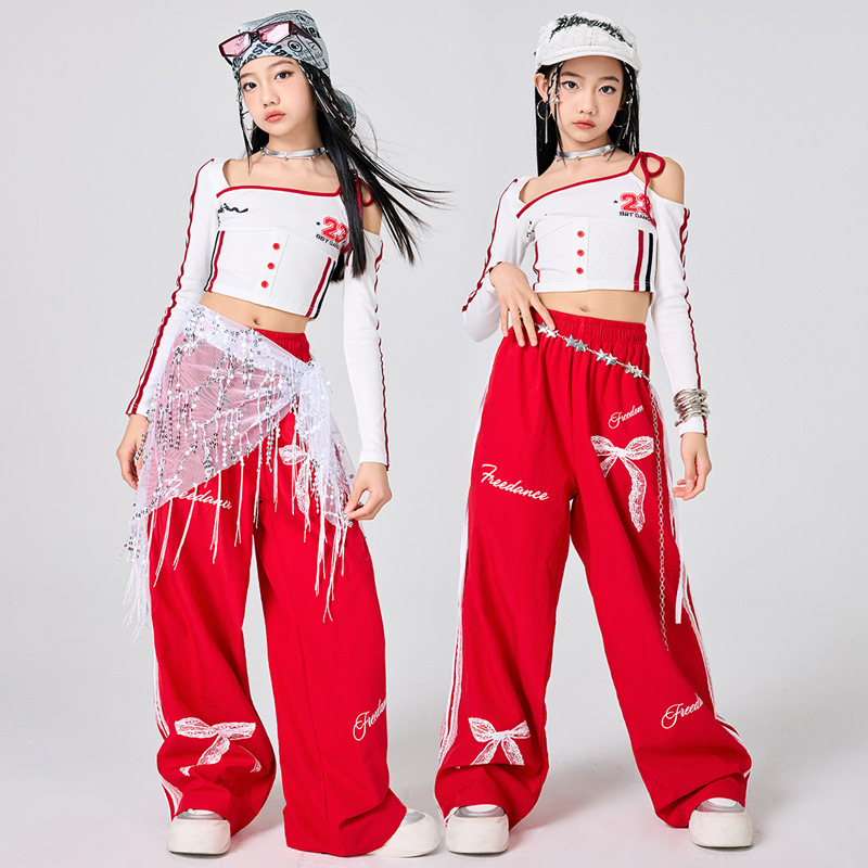 女の子ヒップホップの服白トップ赤スカートジャズダンスパフォー - Street Fashion Kpop のレビューと価格