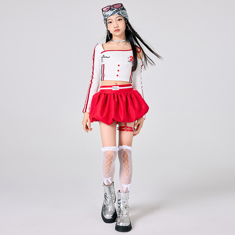 女の子ヒップホップの服白トップ赤スカートジャズダンスパフォー - Street Fashion Kpop のレビューと価格