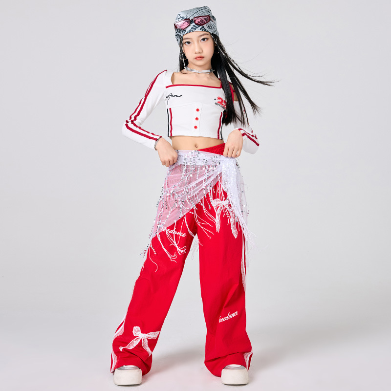 女の子ヒップホップの服白トップ赤スカートジャズダンスパフォー - Street Fashion Kpop のレビューと価格