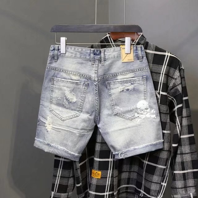 メンズの穴のある伸縮性のあるサマージーンズ,フィットしたファ - Street Fashion Korea のレビューと価格